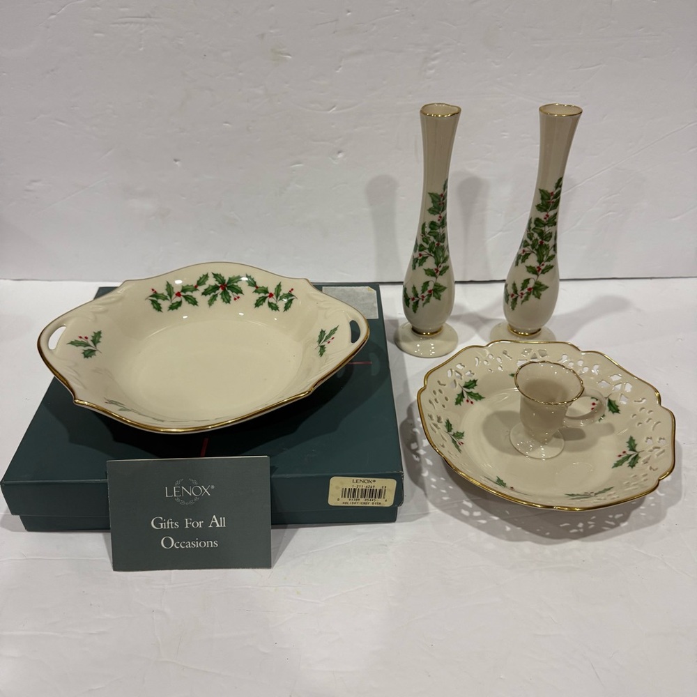 Vintage Lenox Pierced Holly Candy Dish, Bud Vases & Candle Holder with Handle